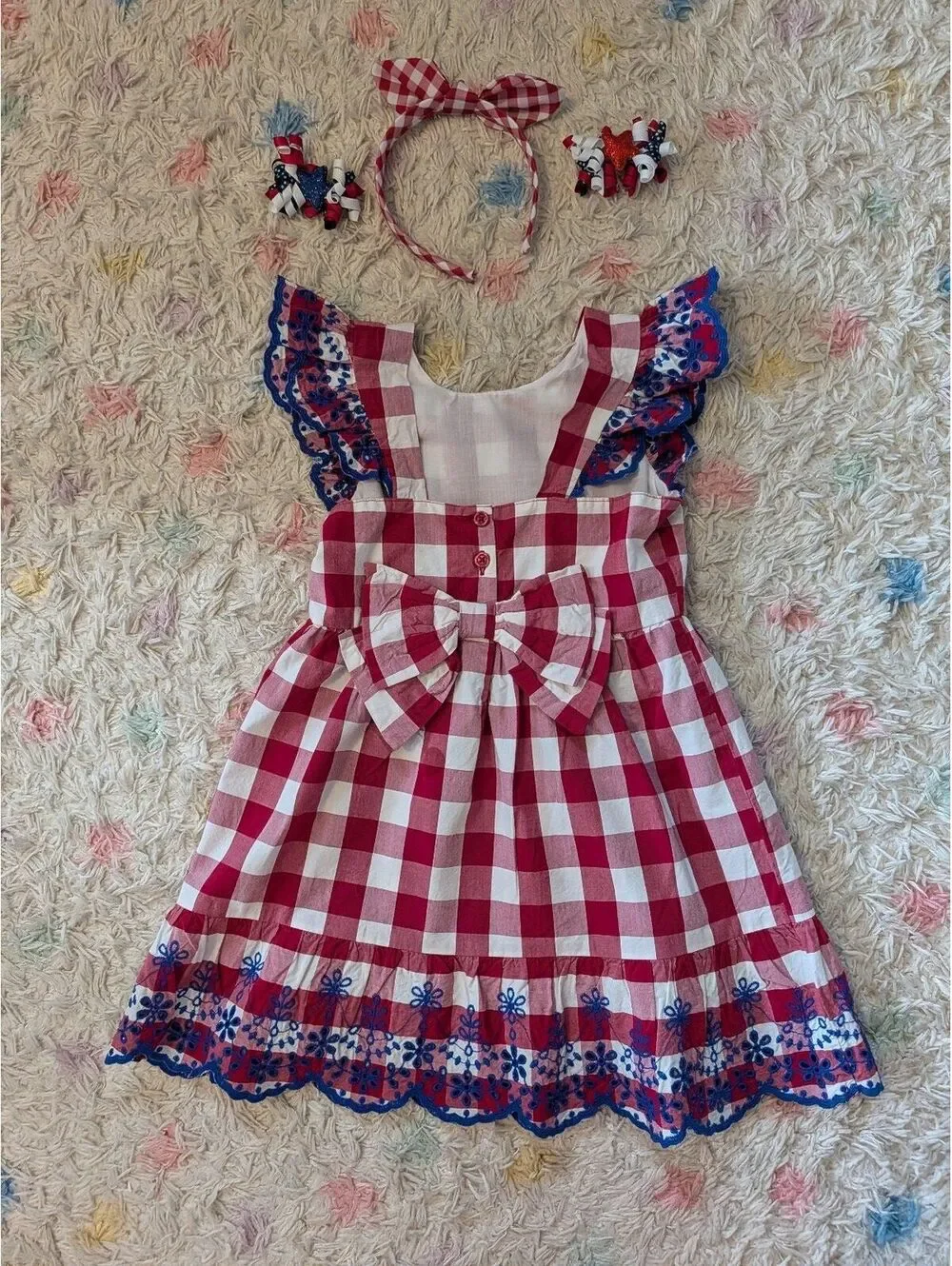Gymboree Girl's 6 Red and White Gingham Dress with Blue Floral Trim Accessories